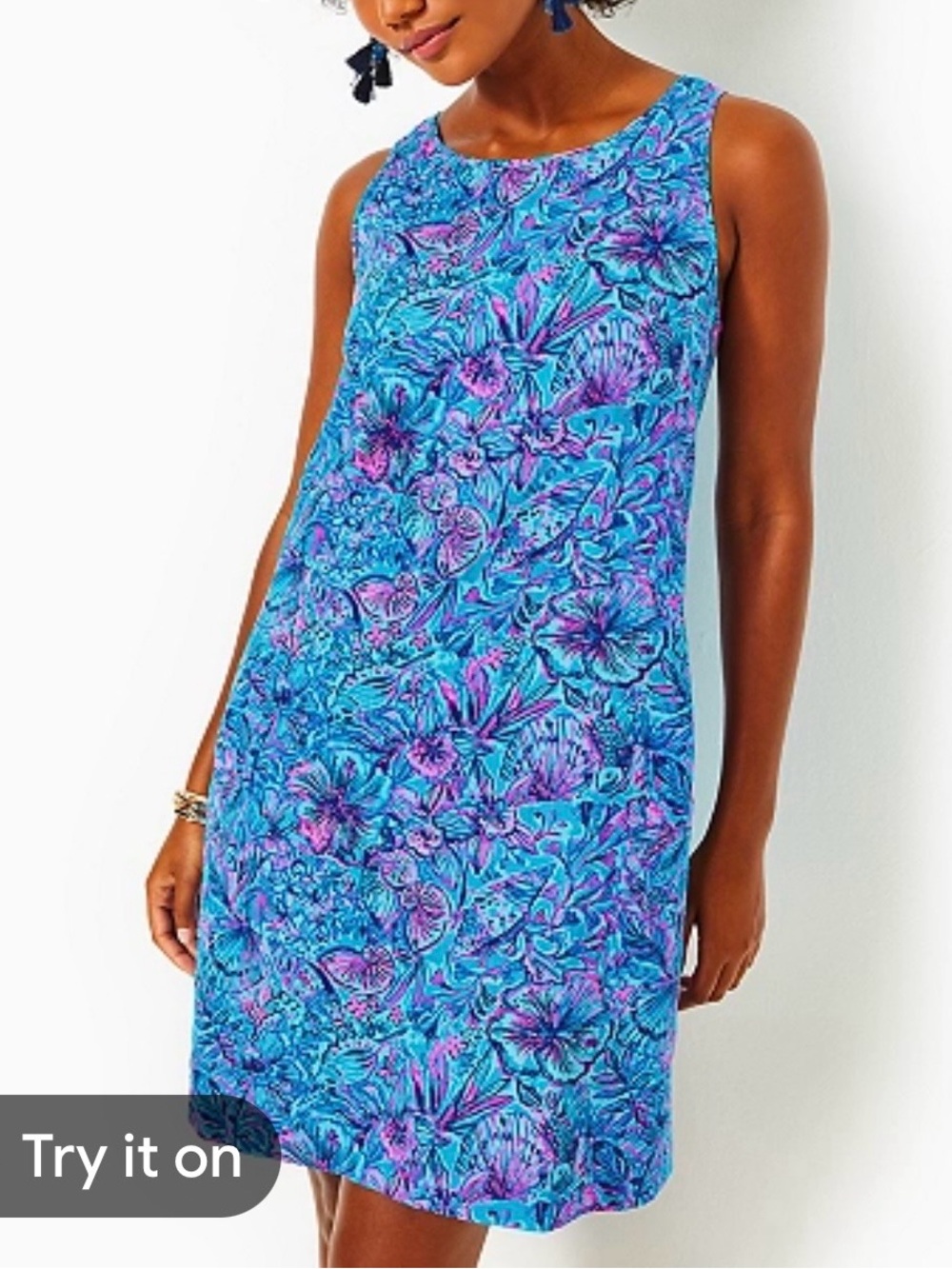 Lilly Pulitzer Blue and Purple Floral Swing Dress with matching headband.